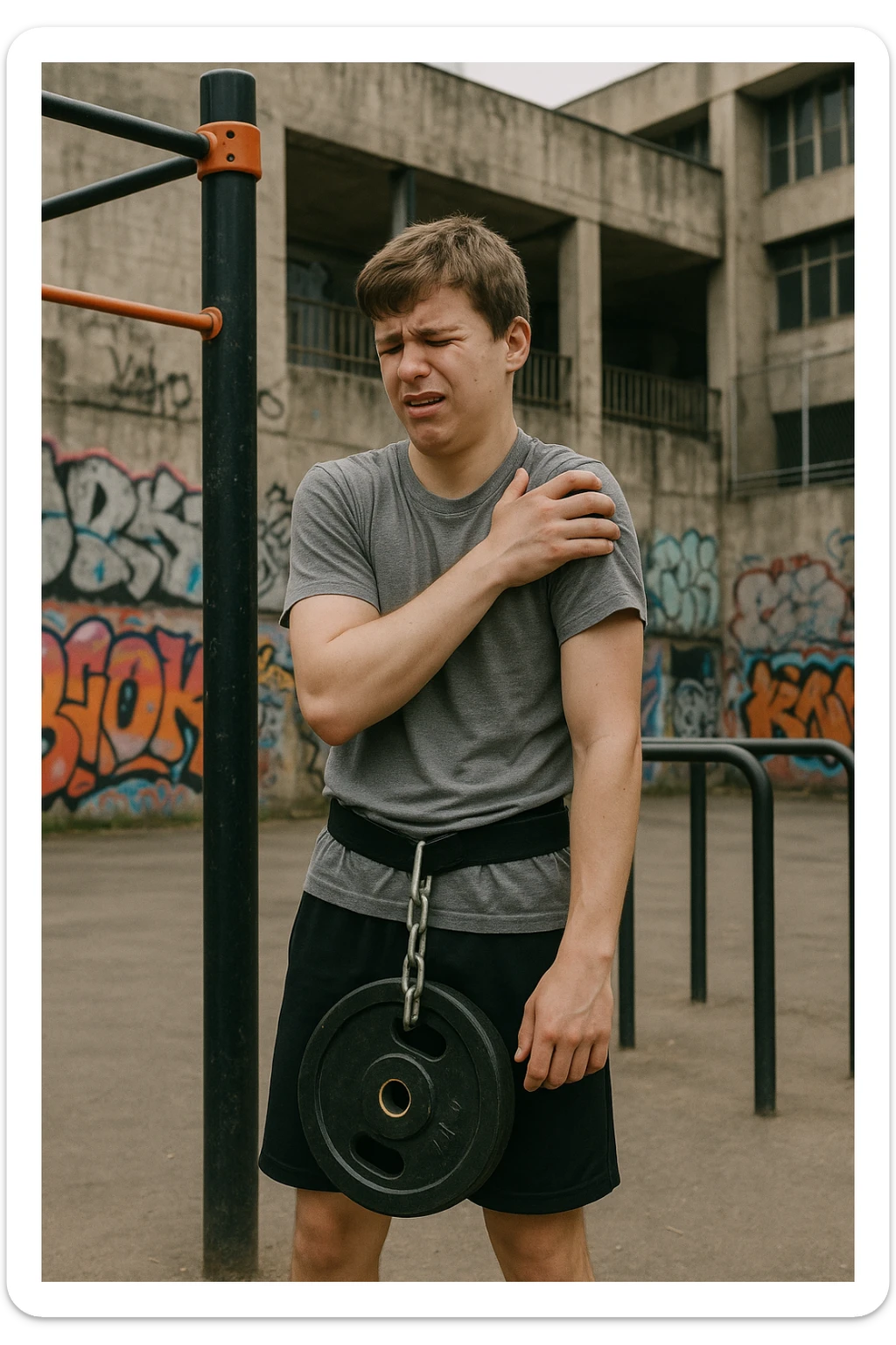 Giovane atleta neofita, fisico normale e non ancora sviluppato, si allena per la prima volta in uno spazio urbano per streetlifting: sbarra per trazioni, parallele, e pesi appesi alla cintura. Ma si è infortunato perchè non faceva le cose con la giusta tecnica. sticker