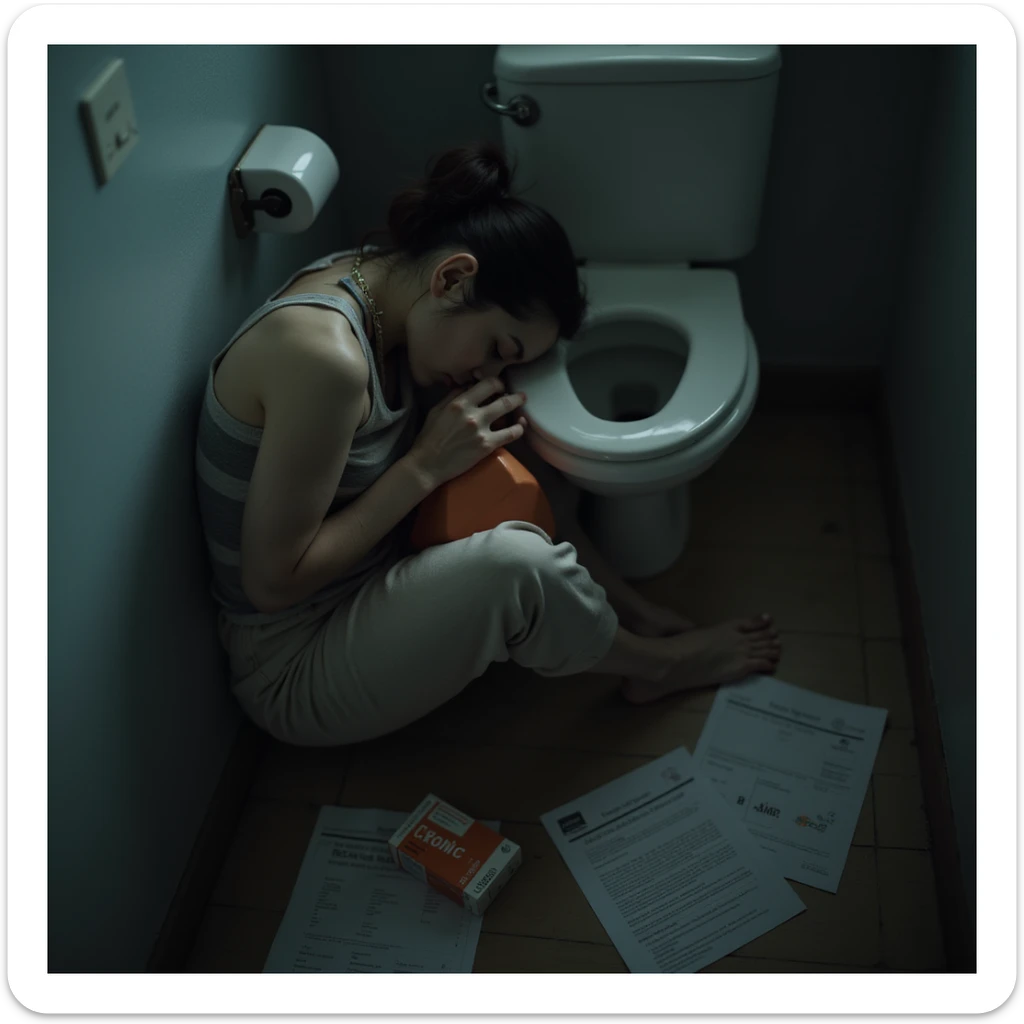 hyperrealistic 4K image of a woman curled up near the toilet, holding a hot water bottle, pale skin, dark circles, medical reports with 'Crohn' and discarded biologic drug box on the floor, dark and realistic atmosphere sticker