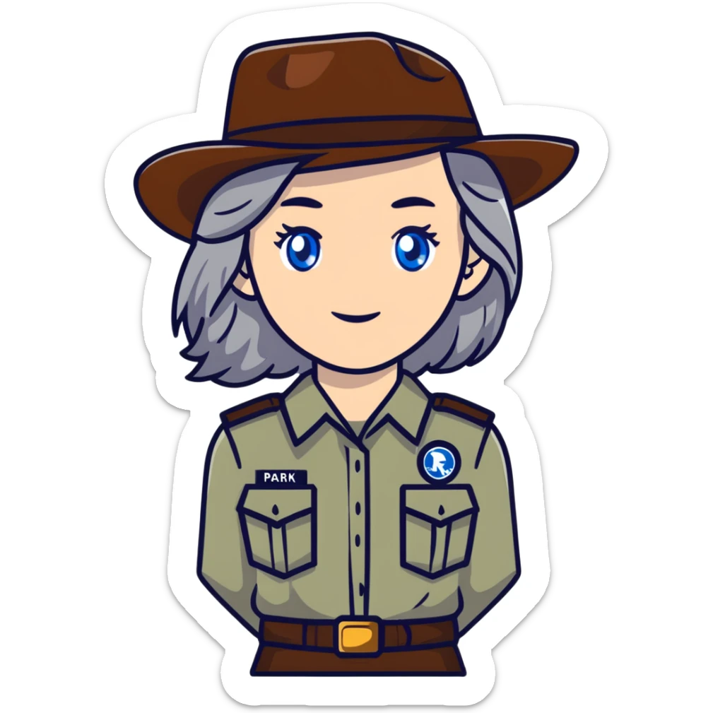 white woman park ranger with brown and gray hair and blue eyes sticker