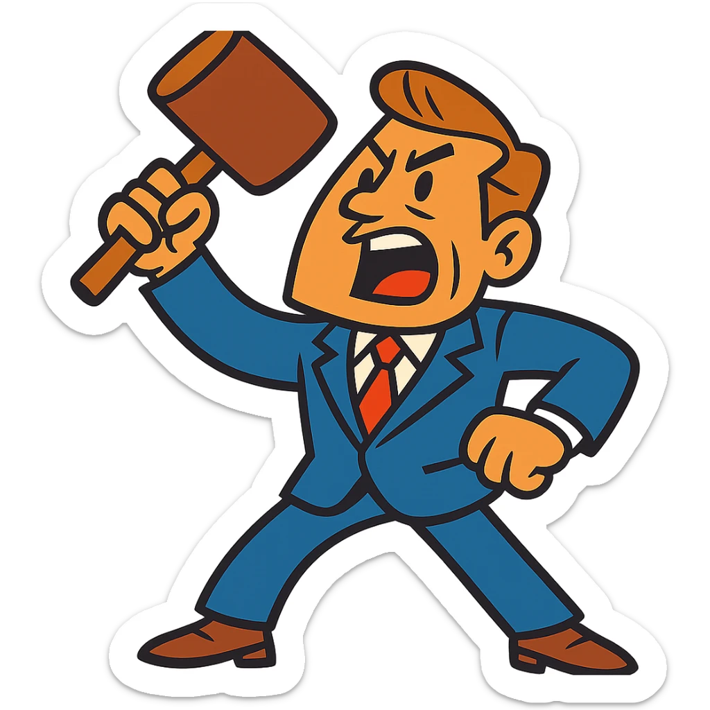 cartoonish lawyer character with exaggerated features, like a big gavel or a dramatic pose sticker