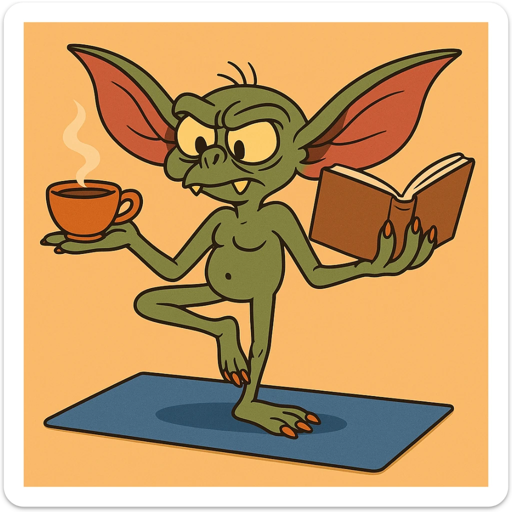 Add a yoga mat under the gremlin, keeping the cartoon style with clear lines and bright colors. sticker