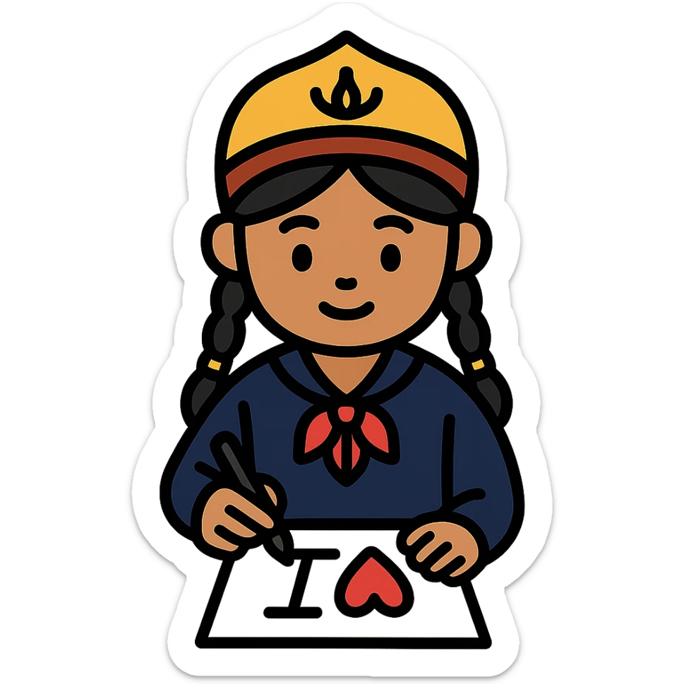Kazakh girl in Korean foreign school uniform, drawing the letter T with a heart on a sheet of paper sticker