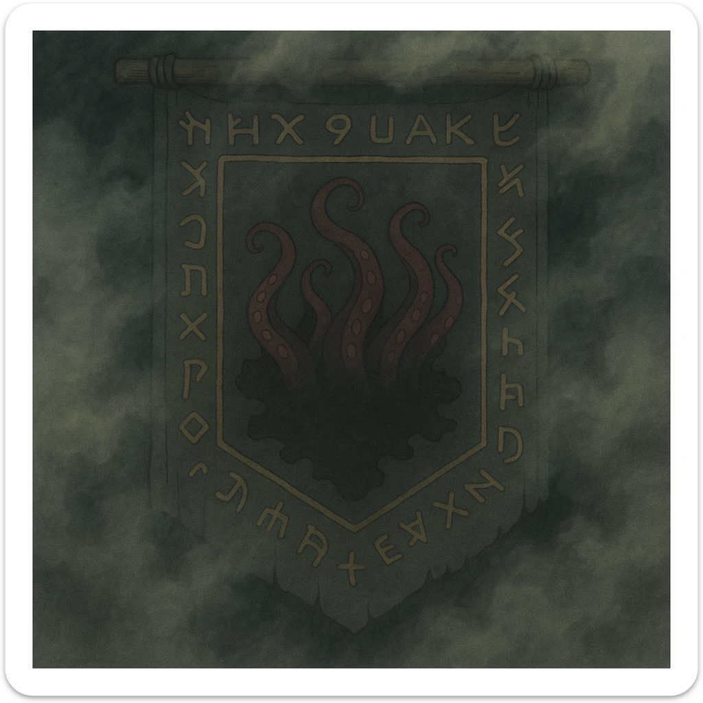 Add thick fog and swirling mist throughout the scene to enhance the creepy atmosphere, keep all other details unchanged. sticker