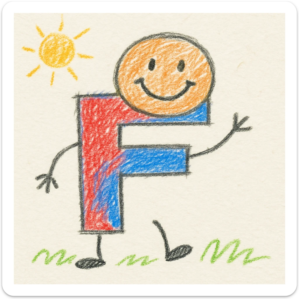 The letter F designed as a cheerful character, with bright colors and a whimsical, animated look, perfect for an ABC fun theme. sticker