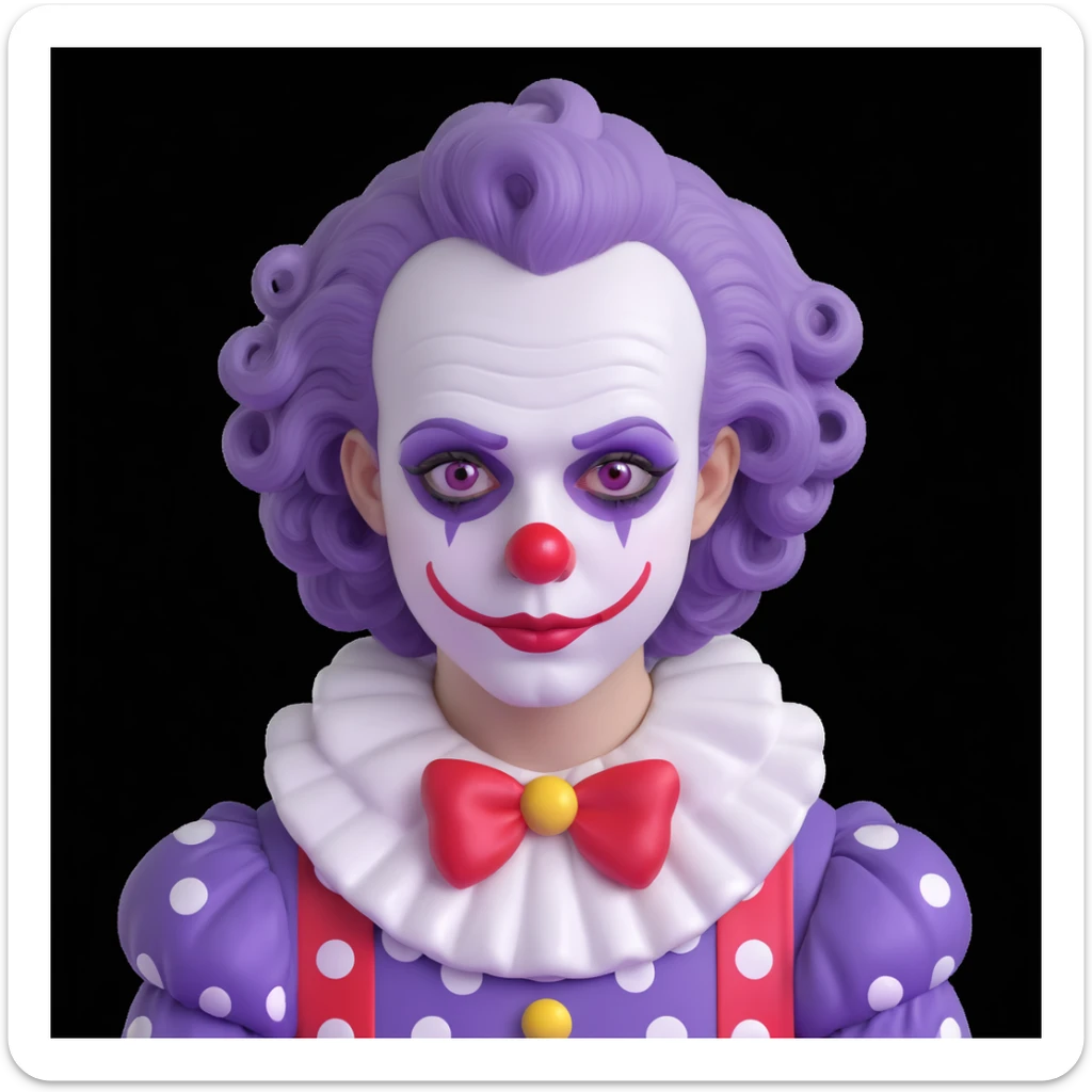 ID photo style cartoon of a sad clown, white face paint, red nose, classic makeup, multiple tears, short curly pastel purple hair, polka-dotted costume in soft tones, glossy highlights, centered, white background sticker