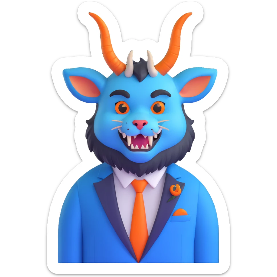 Beast from Beauty and the Beast, furry creature with horns and fangs wearing a blue formal jacket sticker