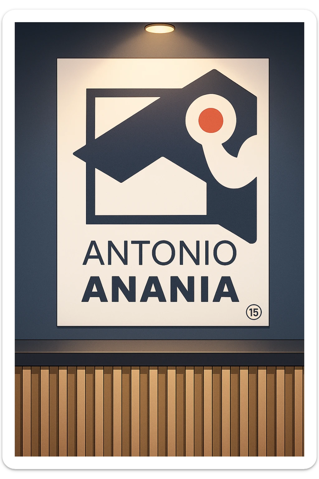 su questo stile fai un manga/webtoon a colori in cui mostri quella parete dietro dello studio con il suo logo e la scritta "ANTONIO ANANIA" SOTTO IL LOGO, LUCE CHE ILLUMINA IL LOGO sticker