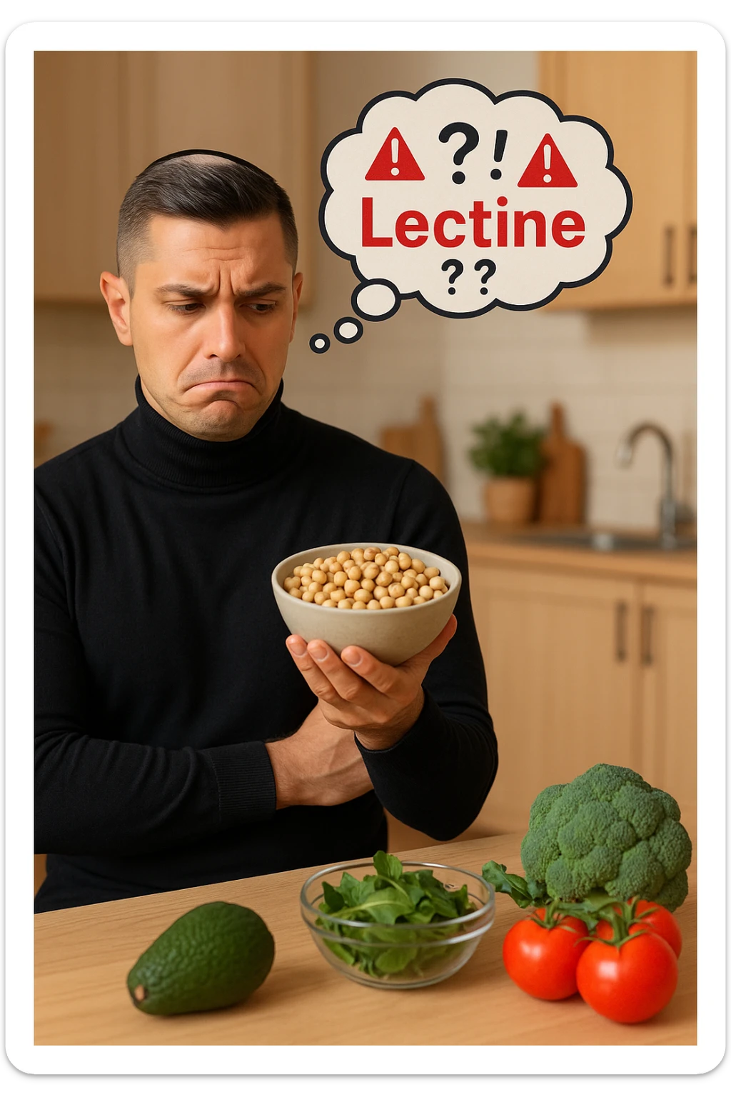 un uomo in cucina tiene in mano una ciotola di legumi (come fagioli o ceci) e li osserva con un’espressione dubbiosa e leggermente preoccupata. Sopra la ciotola, una nuvoletta di pensiero mostra la parola “Lectine” evidenziata in rosso, insieme a simboli di allarme o punti interrogativi. Sullo sfondo, altri alimenti salutari sono visibili sul tavolo, sottolineando il suo scetticismo verso i legumi. sticker