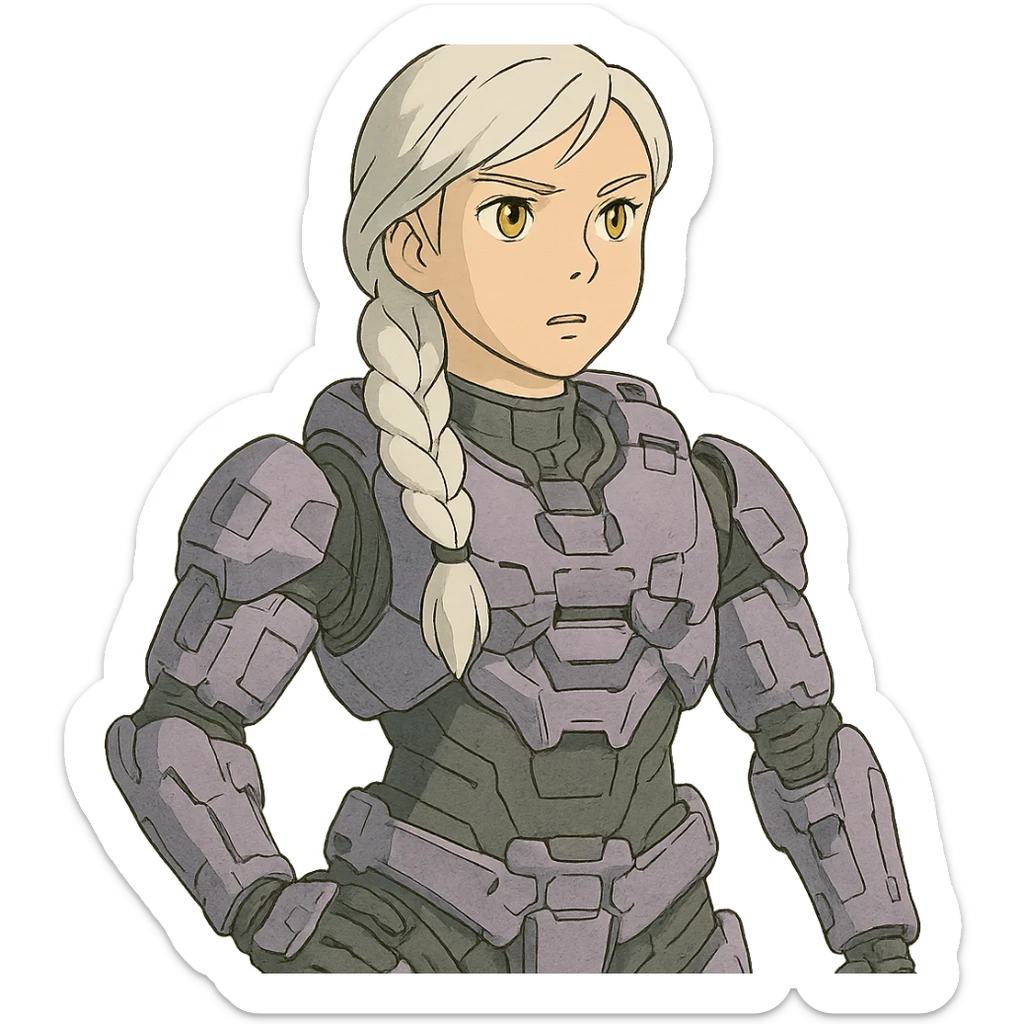 female, wearing reach spartan armor default, long white braid hair, gold yellow eyes, attention pose, halo series, no helmet, the armor is lavender color scheme and has no shoulder pad attachments sticker