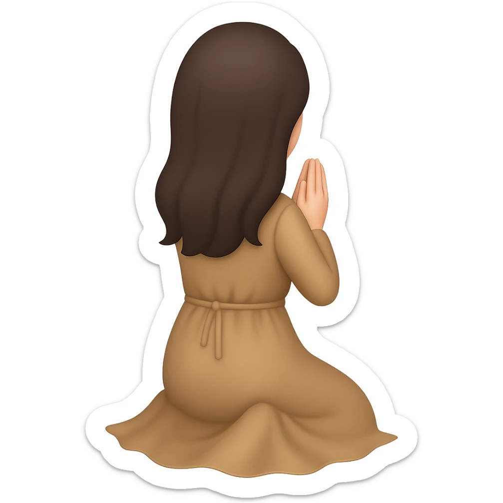 Show the woman kneeling and praying from the back view, wearing a long tan dress, with dark brown hair, in emoji style, no background. sticker