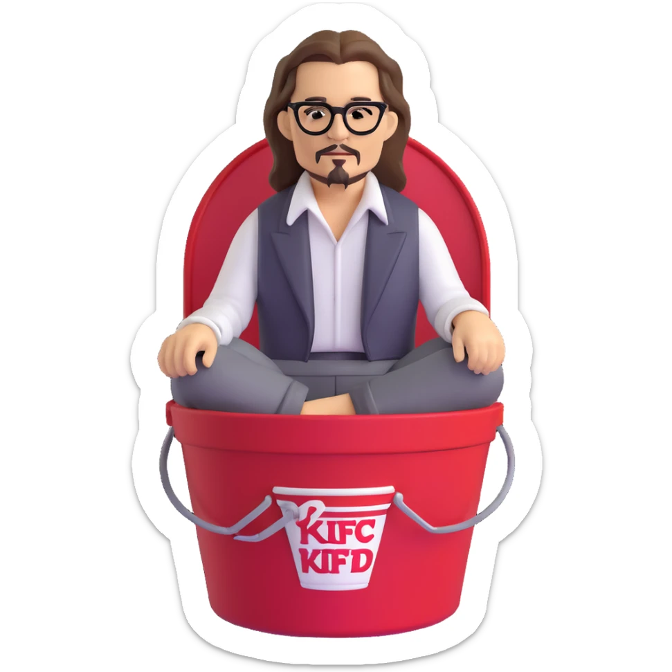 Johnny Depp sitting in a KFC bucket, long hair, facial hair sticker