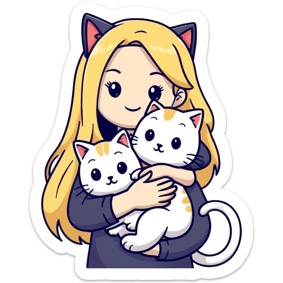 pretty woman with pale skin, very long blonde hair hugging a cat sticker