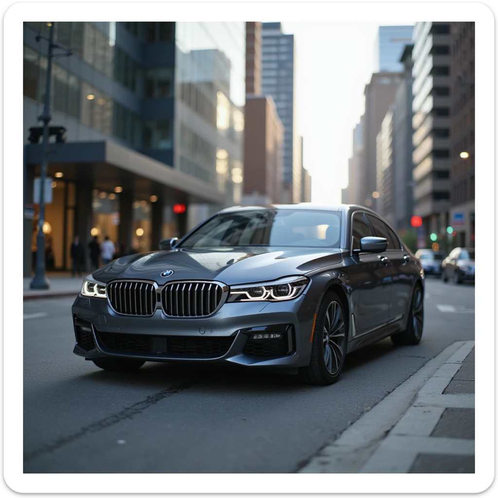 realistic BMW Series 7 2022 sedan in a modern city background, photorealistic style sticker