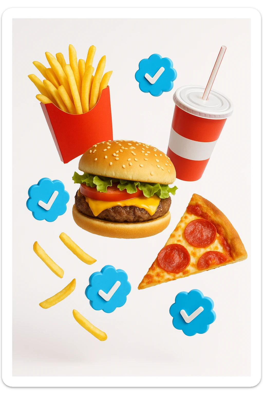 fast food realistico fluttua in aria insieme a spunte di verificato in 3d, sfondo bianco sticker