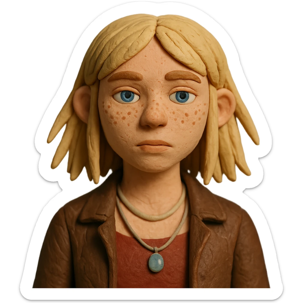 14-year-old girl with choppy blonde layers, armpit length, shortest at mouth, middle part, light freckles, blue eyes, defined cupid's brow, tight dark red top, brown leather jacket, necklaces sticker