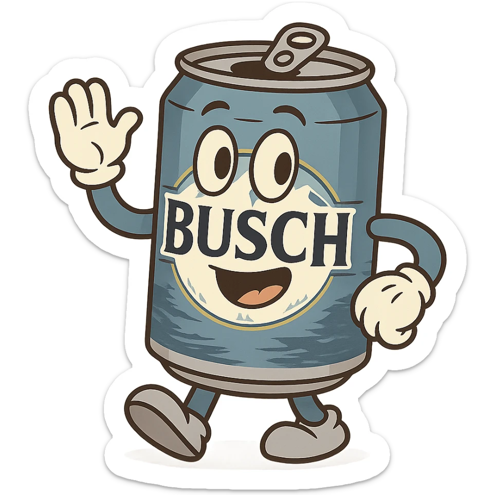 a can of Busch beer, cartoon style, blue and silver colors, playful look, mountain landscape on the label sticker