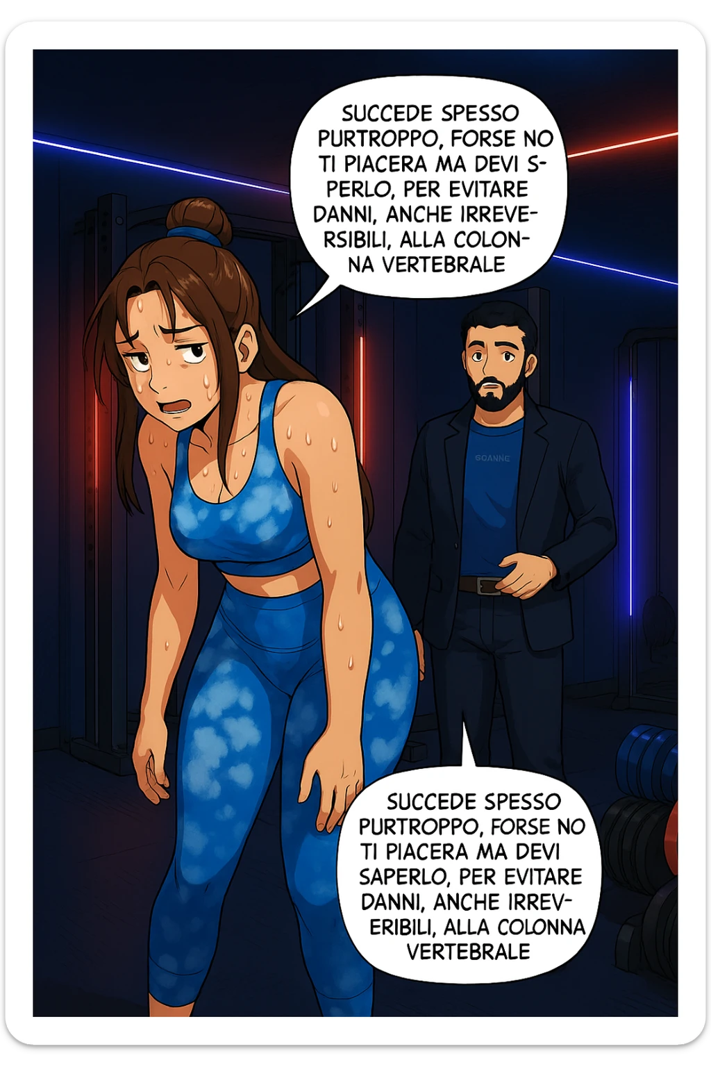 fai questa immagine in versione fumetto/manga/webtoon a colori, il manga mostra l'uomo che risponde alla donne:
Succede spesso purtroppo. 
Forse non ti piacerà ma devi saperlo, per evitare danni, anche irreversibili, alla colonna vertebrale e un potenziale intervento chirurgico. sticker