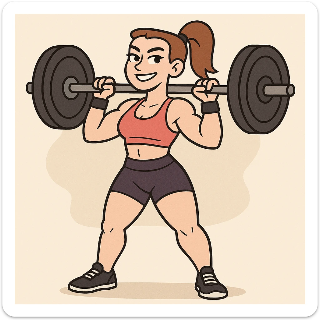 crossfit girl, lifting weights, sporty outfit, confident expression, cartoon style sticker