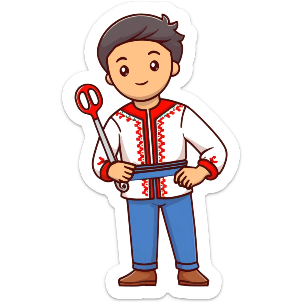 Ukrainian man in traditional embroidered vyshyvanka shirt holding red scissors in one hand and a spanner in the other hand sticker