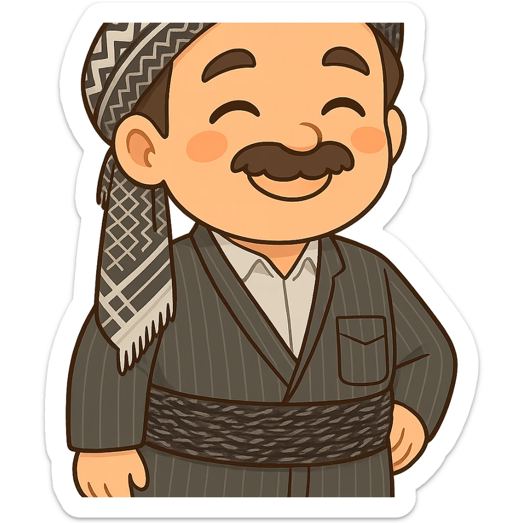 Cartoon sticker of a Kurdish man with the same clothes and scarf as the reference image, no changes to clothes or scarf, face with a satisfied expression and a gentle smile similar to the 😊 emoji, colorful and cheerful, no shadows or color halos around the image, no text, suitable for WhatsApp and Instagram, fully transparent background. sticker
