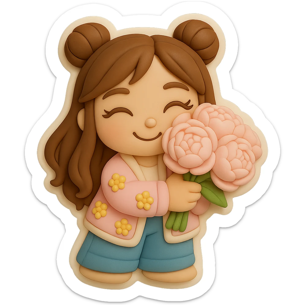 3D chibi fondant cake art style, high-quality rendering with smooth shadows and soft gradients. Girl based on reference image, preserving facial features and eye shape exactly as in the reference. Long brown hair styled in two space buns, brown eyes. Thick white outline like a sticker, transparent background. She is holding a bouquet of soft pink peonies to her cheek, eyes closed, smiling sweetly. sticker