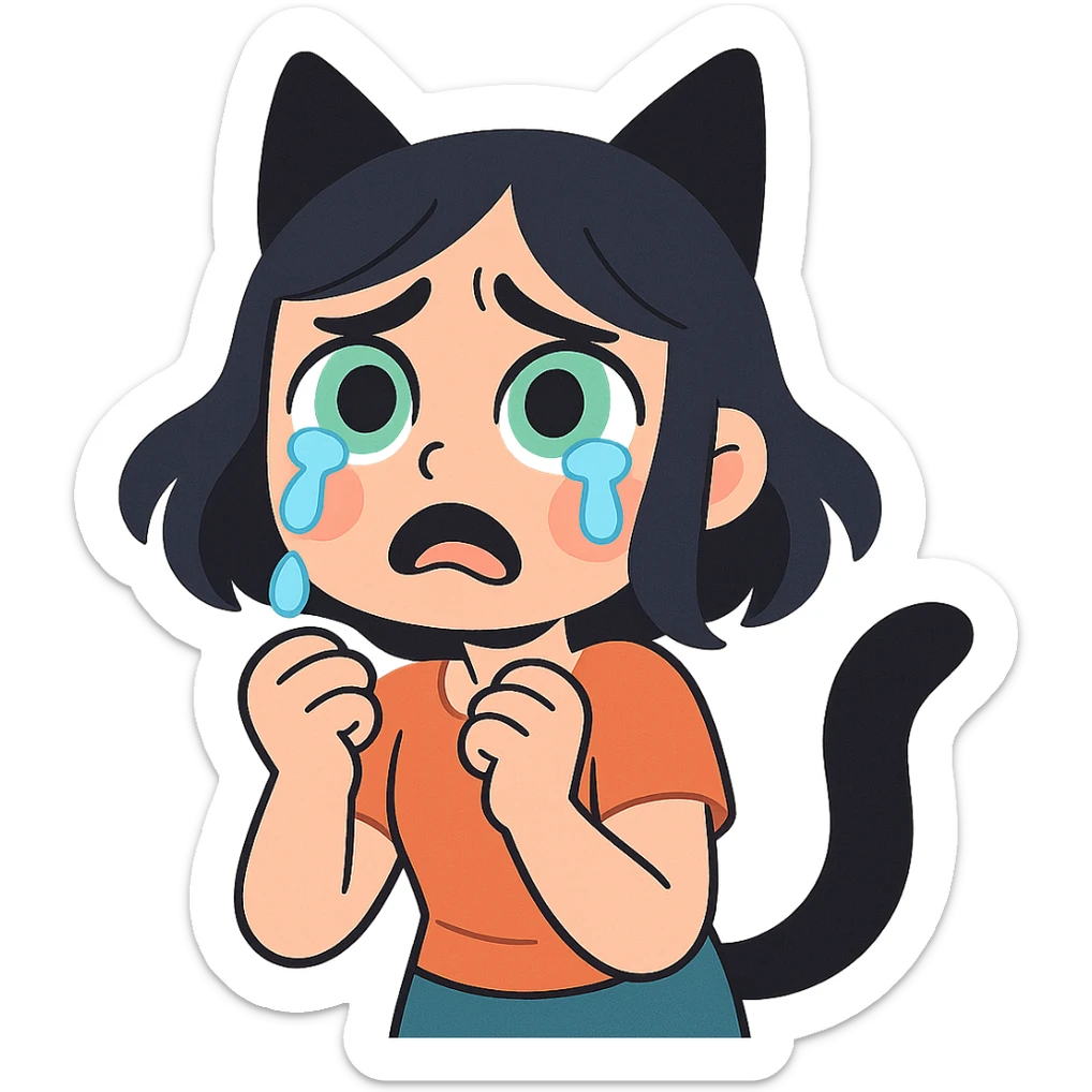 A girl with tears, black fox ears, and a tail, green eyes, dark hair sticker