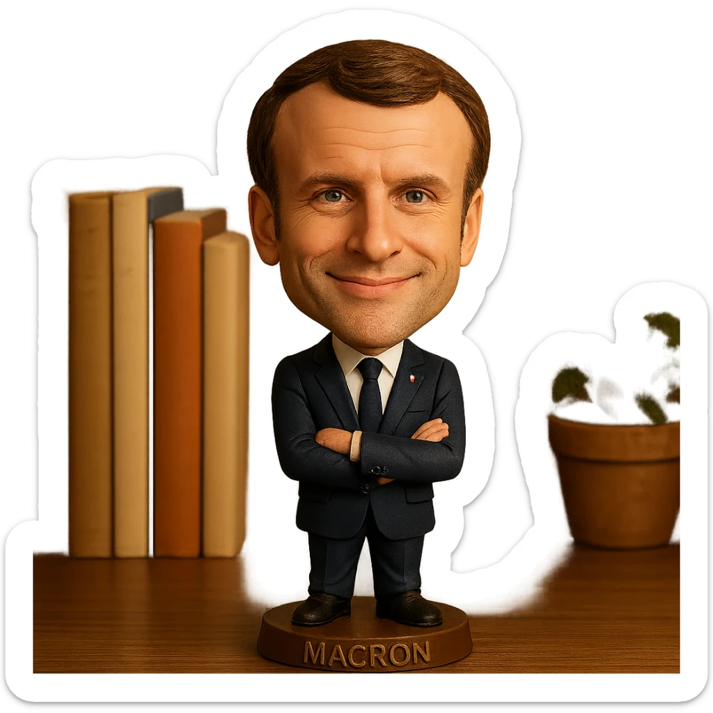 bobblehead style figure of Emmanuel Macron, French president, suit and tie, oversized head, confident smile sticker