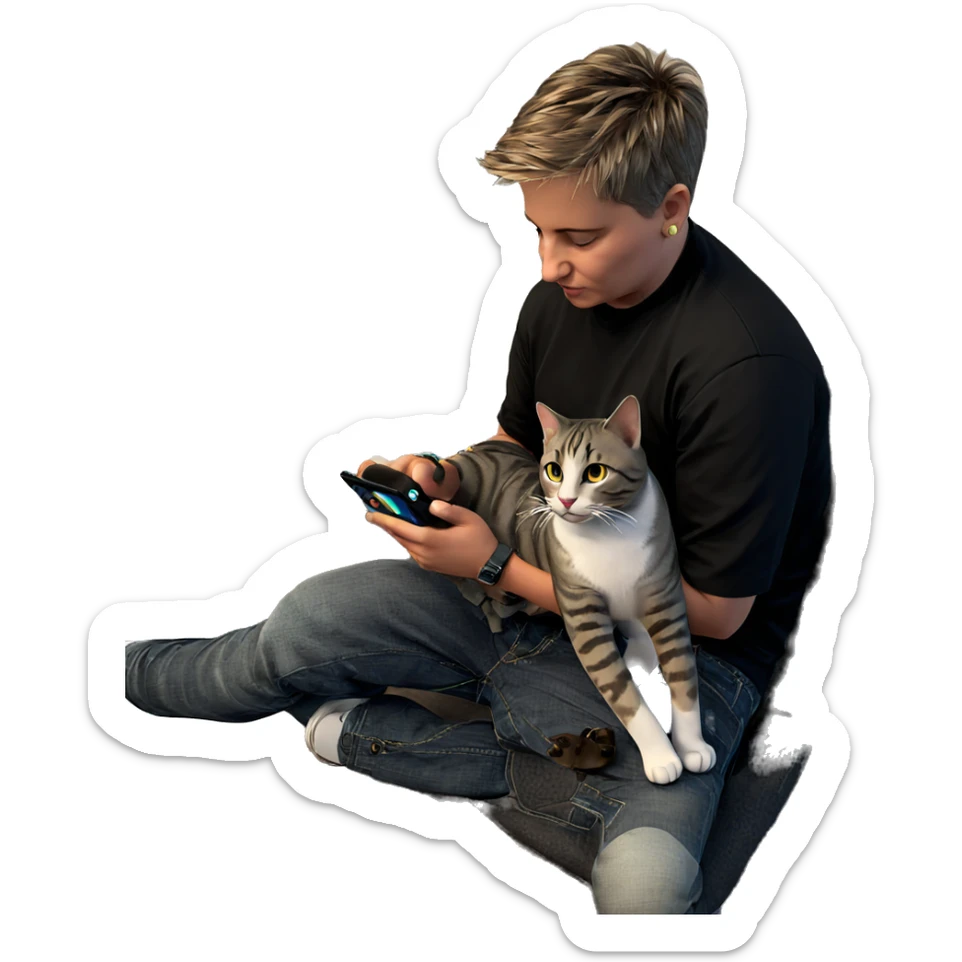 boy with cat and phone sticker