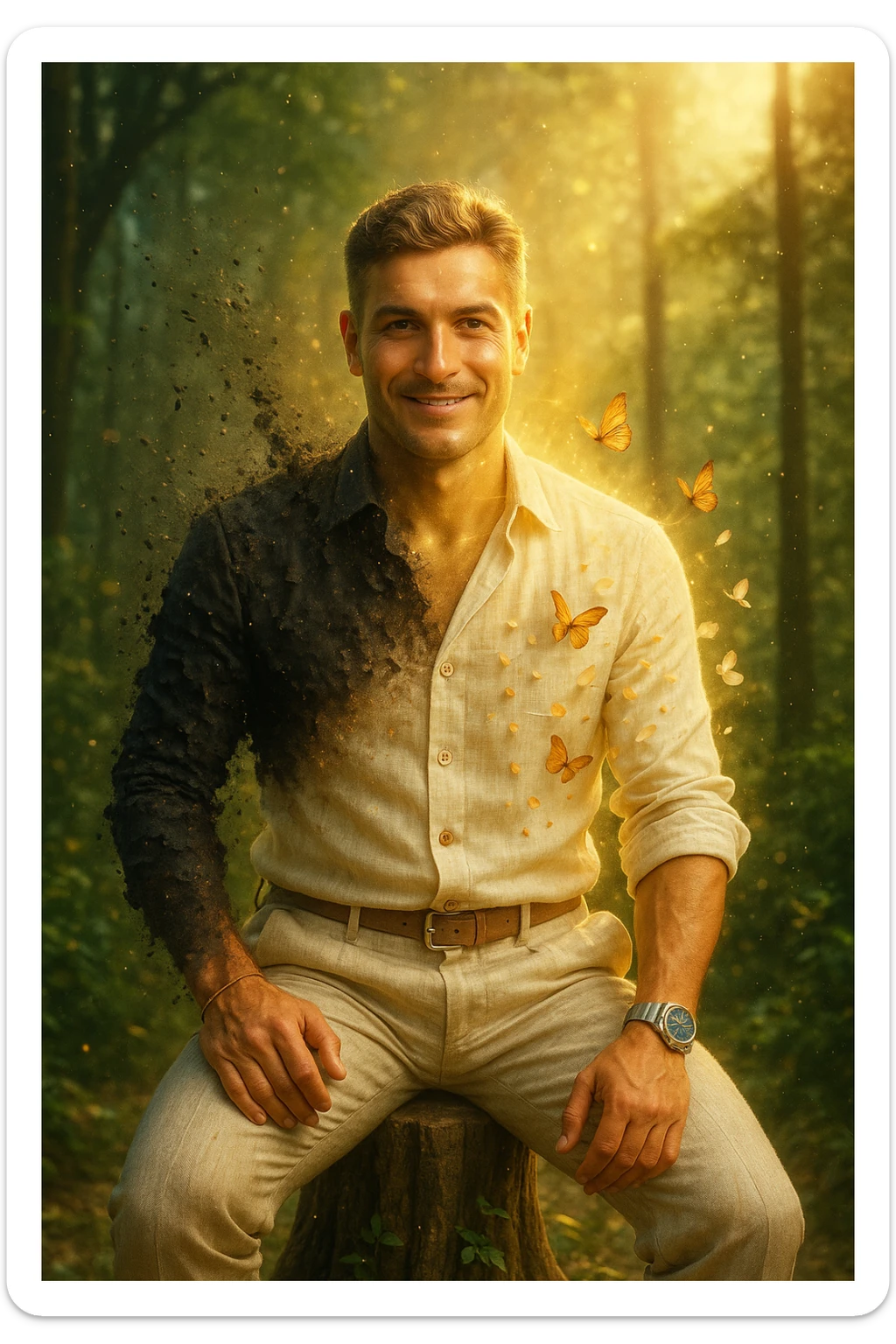 Trasformazione cinematografica: uomo d'affari in giacca sintetica nera che si sfalda come cenere, mentre da dentro emerge una nuova versione di sé vestita di lino color avorio, farfalle che nascono dalle fibre di cotone biologico, petali di fiori che si trasformano in bottoni di madreperla, capelli che diventano più folti e luminosi al contatto con tessuti naturali, pelle che letteralmente respira vapore dorato, city background che si trasforma in foresta rigogliosa, slow motion epico con particelle di luce danzanti sticker