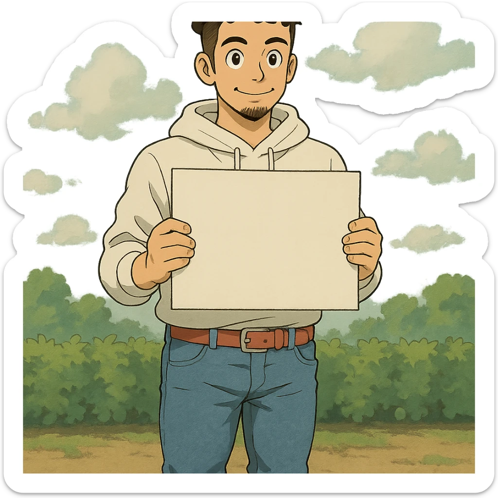 1 male, mid fade haircut dark chestnut brown curly hair, toasted lightskin, white hoodie sleeves up, fashion jeans, red fashion-sneakers shoes, red belt, short trimmed beard and goatee,  style of deku from "my hero academia", pose: holding a blank poster chest level sticker