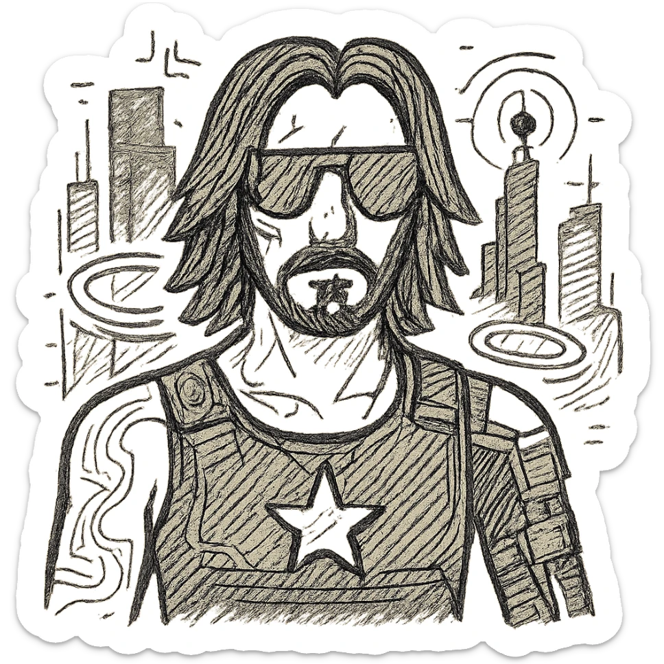 Add more cyberpunk details to Johnny Silverhand: glowing neon tattoos, cybernetic enhancements, holographic elements, and a futuristic cityscape background, keep the hand-drawn black outline style, with no background. sticker