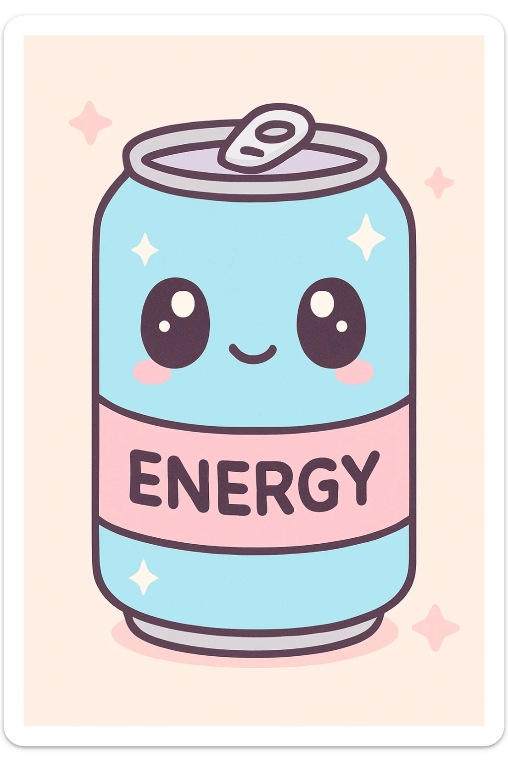 kawaii style energy drink can with a playful face, pastel blue and pink, and sparkles sticker