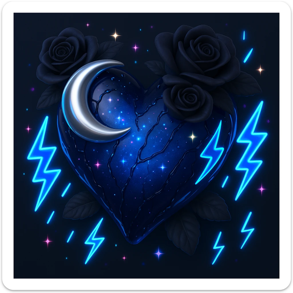 Add more neon lightning bolts to the dark blue glass gothic heart, with silver crescent, midnight roses, holographic sparkles, drenched and cracked glass, in the style of 3D emoji style. sticker