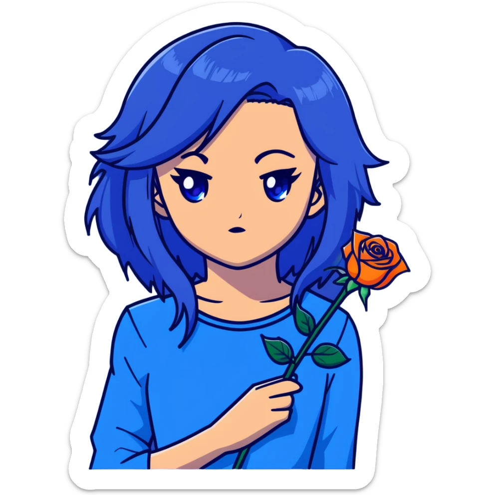 head portrait of anime girl with long dark blue hair, blue rose in hair, intense glaring blue eyes, dramatic JoJo's Bizarre Adventure style expression, sharp angular features, extreme close-up, dynamic pose sticker