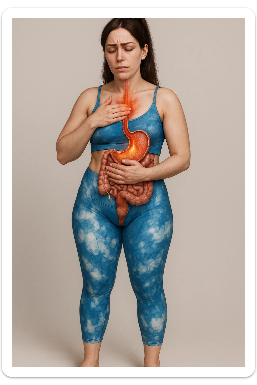 Realistic anatomical illustration of a woman in sportswear inspired by the reference photo, with one hand on her chest and one on her belly, expression of heartburn. Highlight esophagus, stomach, and involved organs, neutral background. sticker