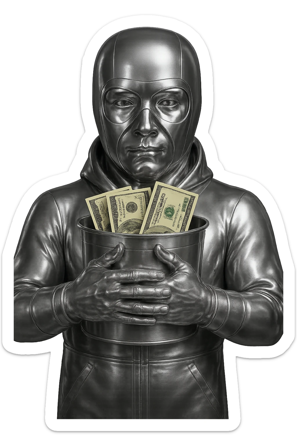 Make the character's face and hands chrome, matching the rest of the suit and bucket. Keep the background transparent and the realistic dollar bills unchanged. The entire figure should have a shiny, reflective chrome finish except for the dollar bills. sticker
