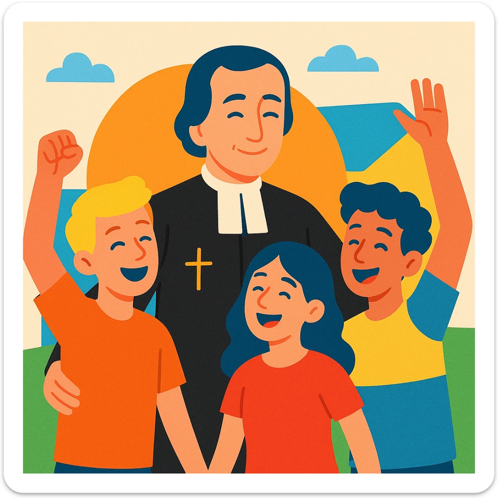 modern Christian vocational animation, figure of Brother Gabriel Taborin with young people, joyful atmosphere, modern style, vibrant colors, subtle cross sticker