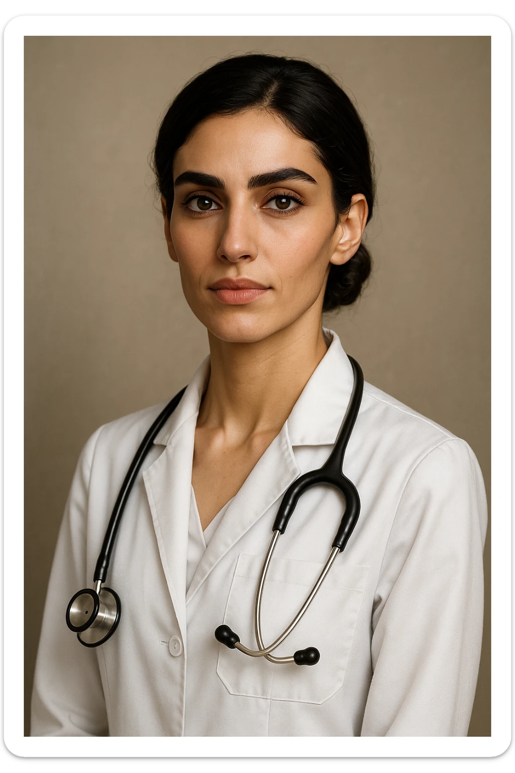 Arab doctor, 46 kg, 173 cm, medium black-brown hair in a low bun, black eyes with long lashes and thick eyebrows, beautiful mouth, defined facial bone structure, prominent cheekbones, chin with a dimple (غمازة ذقن), wearing a white coat and stethoscope, elegant and professional sticker