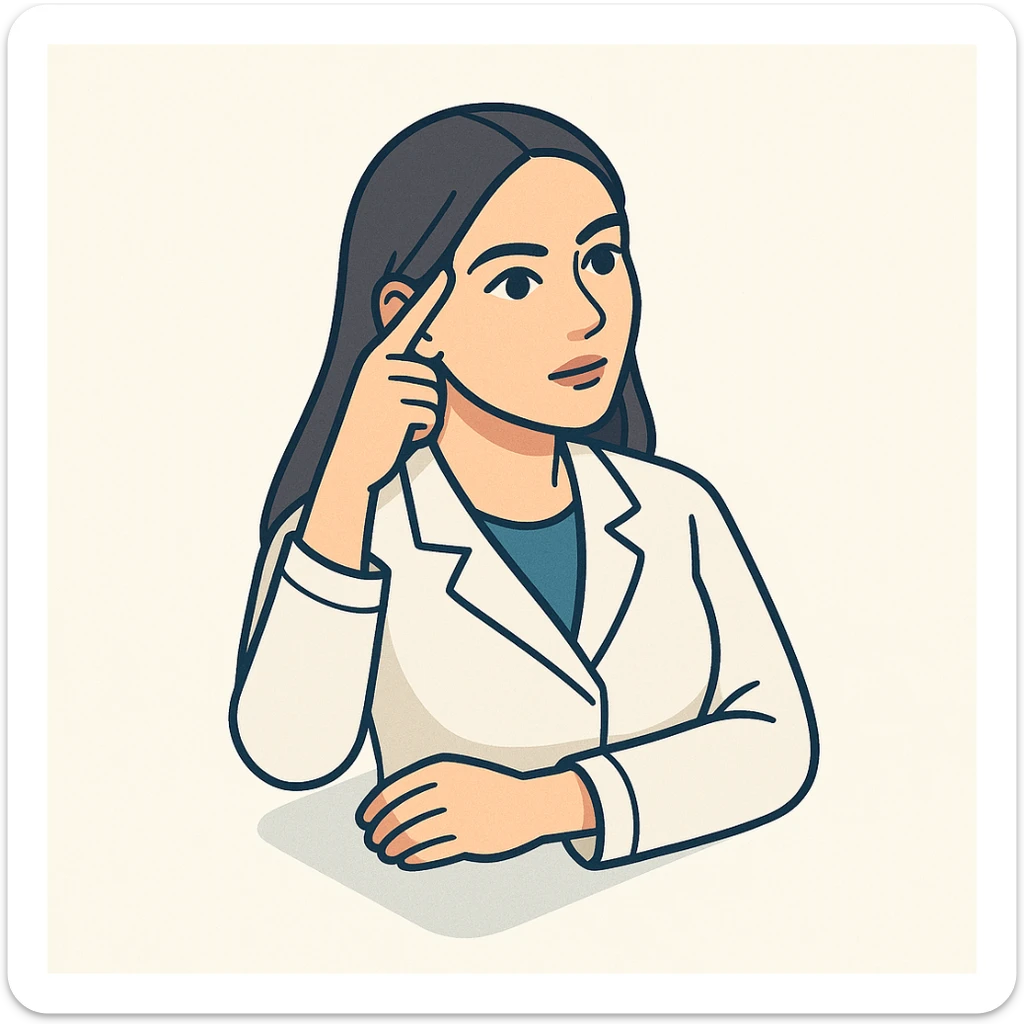 A 2D isometric style illustration of a female doctor with dark long straight hair and detailed brown eyes (not just dots), wearing a white coat, on a minimalist background. She is twirling her finger near her temple, with expressive pose and emotion, matching the appearance of the second previous variant. sticker