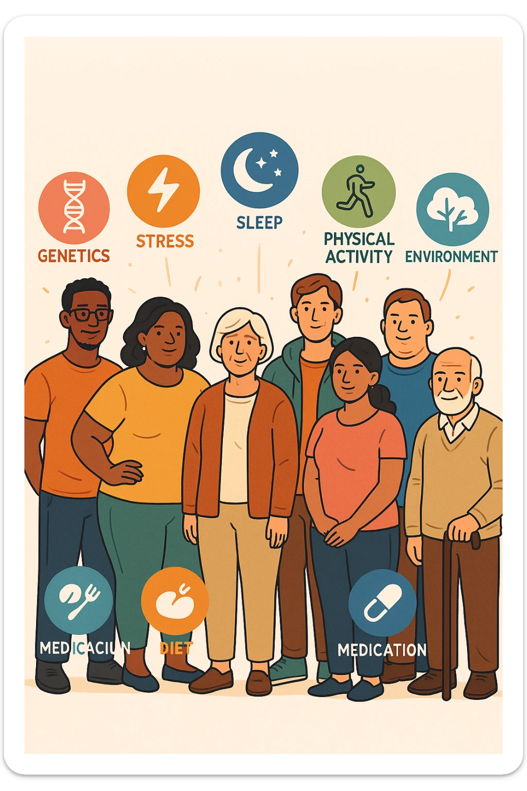 a diverse group of people of different body shapes, sizes, ages, and backgrounds stand together, each surrounded by floating icons representing factors like genetics, hormones, stress, sleep, physical activity, diet, medication, and environment. The mood is inclusive and informative, emphasizing that weight is influenced by many interconnected elements. sticker