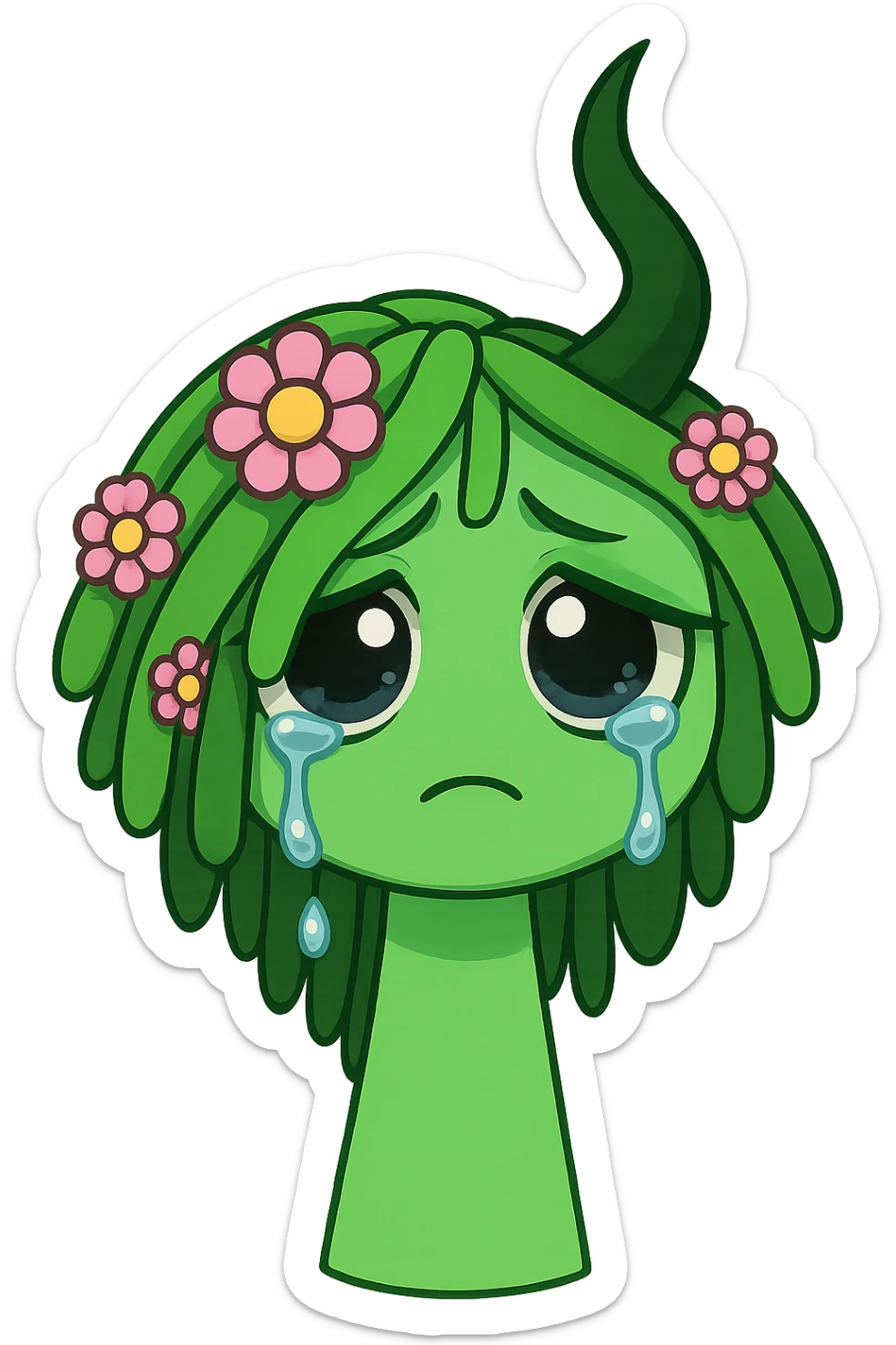 Change the green character with flower hair to a sad, teary-eyed expression, in chibi stickers style, transparent background. sticker