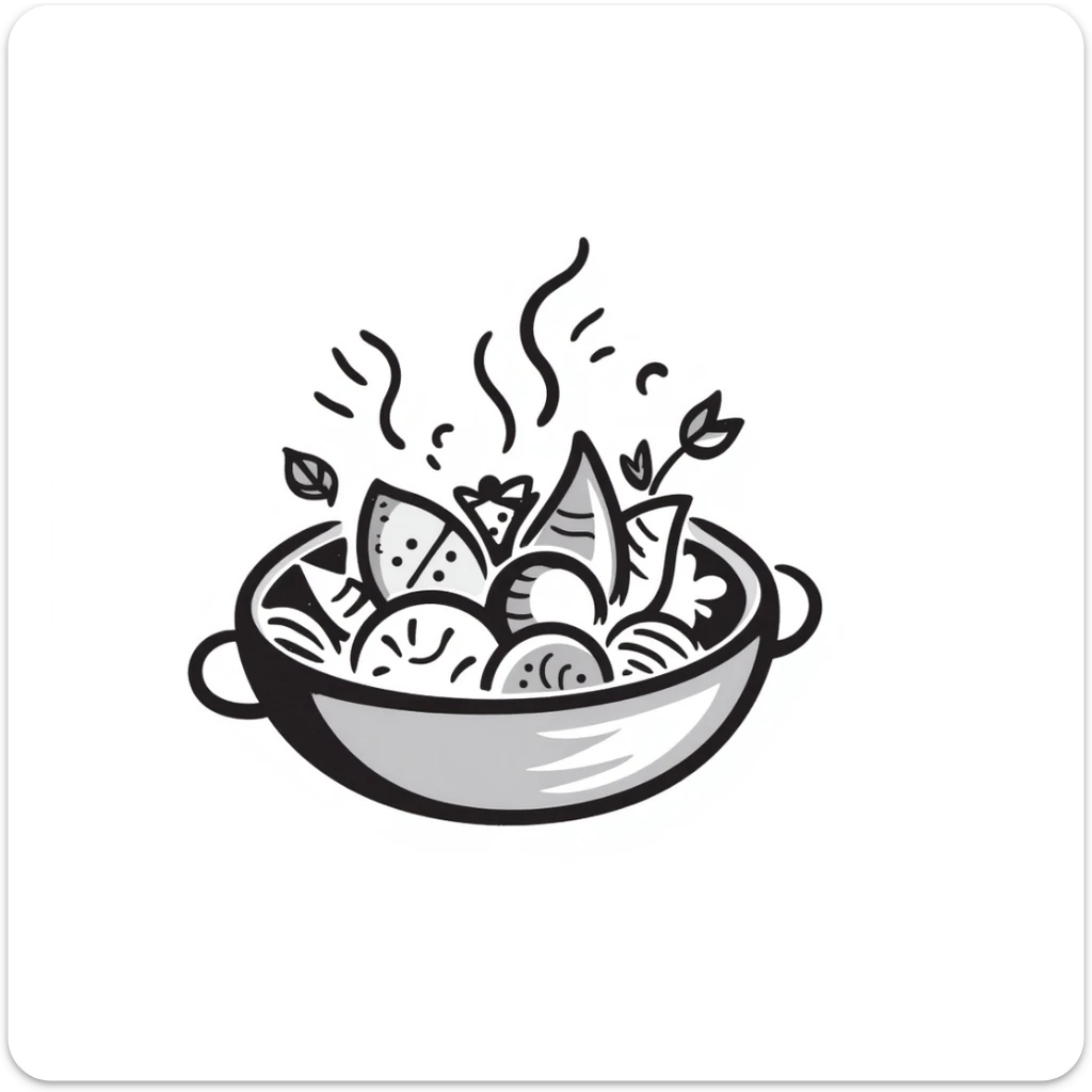 a bowl of ethnic food with spices and herbs, hand-drawn doodle style sticker
