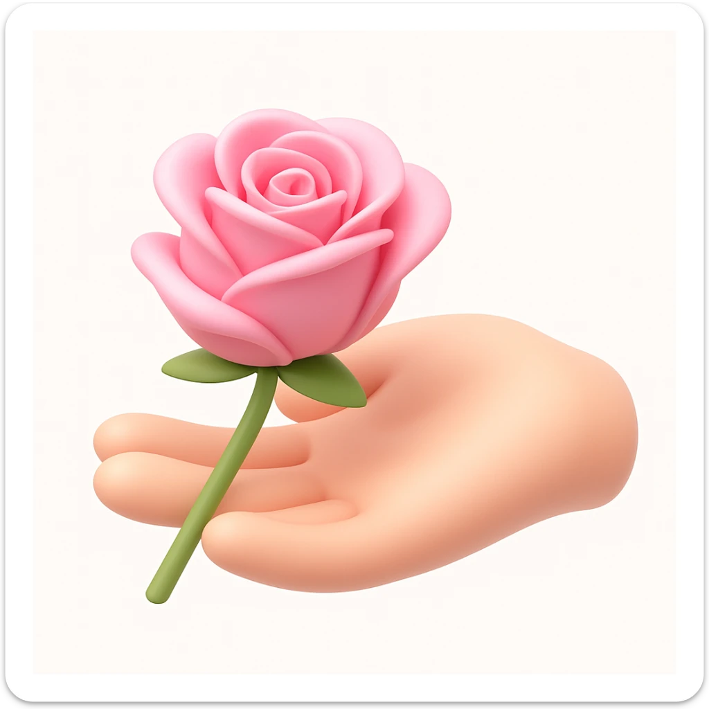 3D iOS style illustration of a hand gently holding a pink rose, soft rounded shapes, pastel colors, smooth shading, white or light background, inspired by iOS emoji aesthetics. sticker