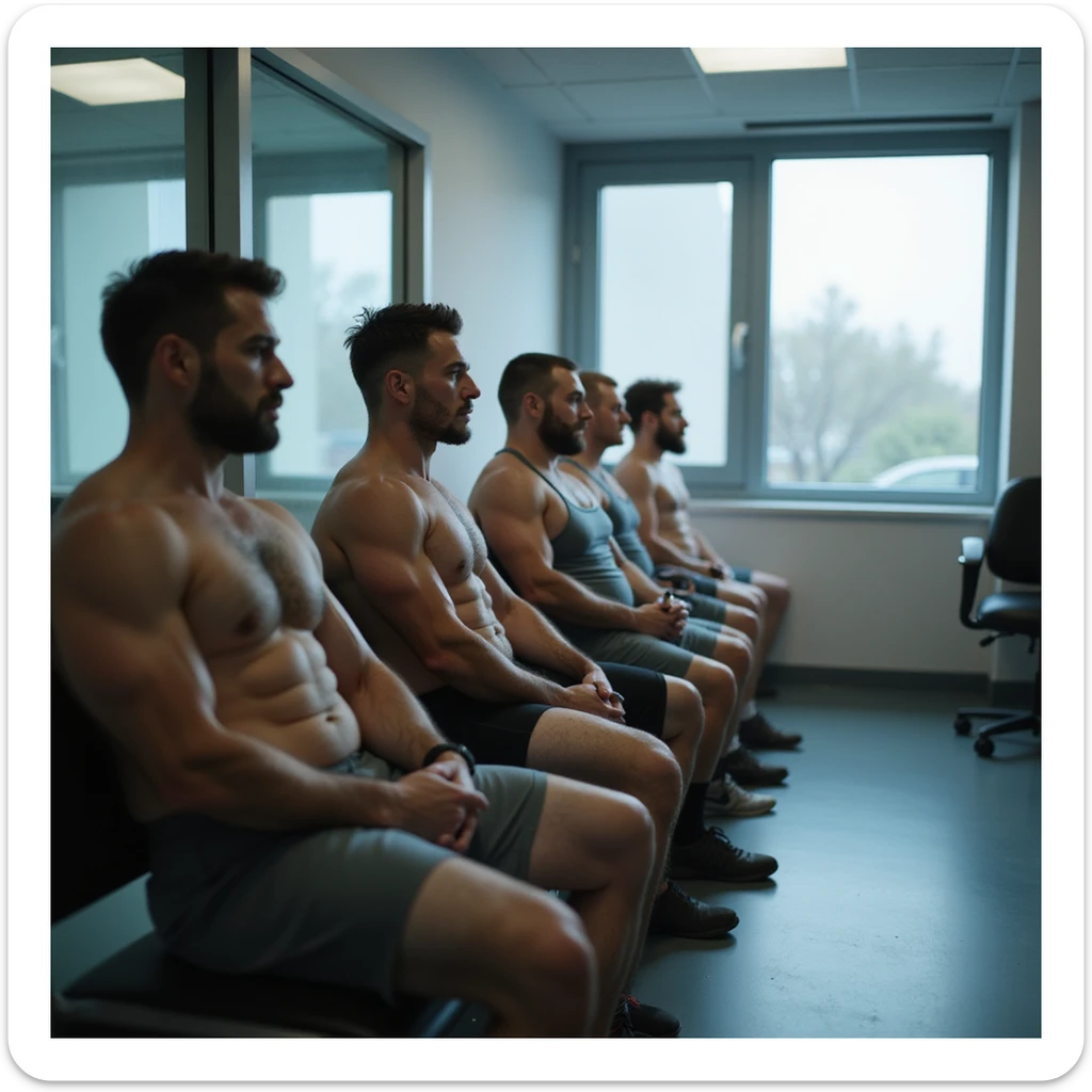 group of muscular athletes in gym clothing waiting for their turn for blood tests in a modern clinic, realistic atmosphere, hyperrealistic 4K details, clinical environment sticker
