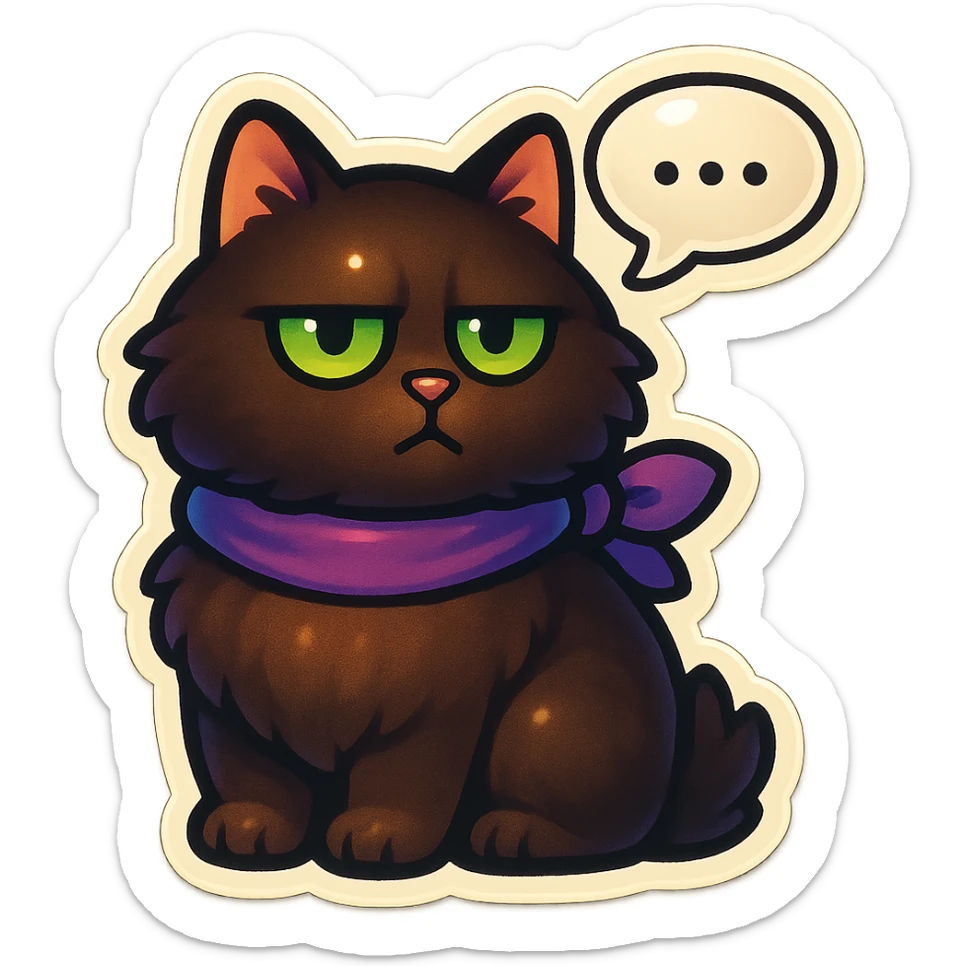 Fluffy dark-brown cat with green eyes and a purple scarf saying ‘…’ with a poker face (with a speech bubble) sticker