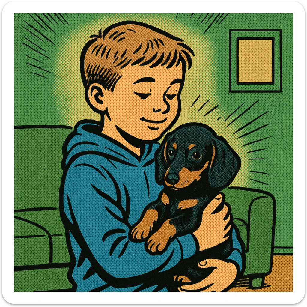 A modern day 10 year old wearing a blue hoodie with a black and tan puppy dachshund in a green living room sticker