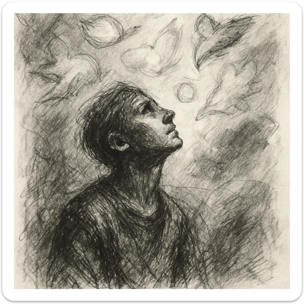 high-resolution black and white pencil sketch inspired by the poem 'menagerie', solitary figure gazing upward surrounded by ethereal dreamlike shapes representing fleeting moments of beauty and clarity, shapes floating and soaring above and around the figure, evoking private wonder and personal collection of memories, minimal background with dramatic lighting emphasizing introspection and intangible personal nature of the menagerie of moments, no text sticker