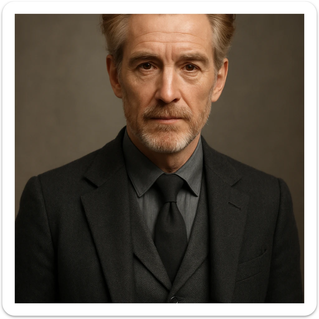 upper body portrait of a slender male character with graying red hair and brown eyes, mature and stylish sticker