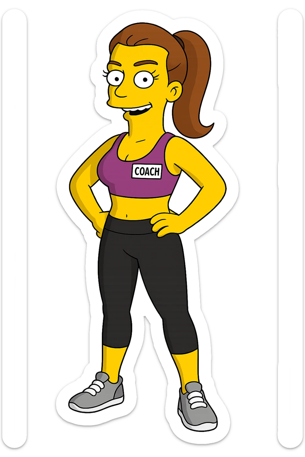fitness coach woman, clear Simpsons cartoon style sticker