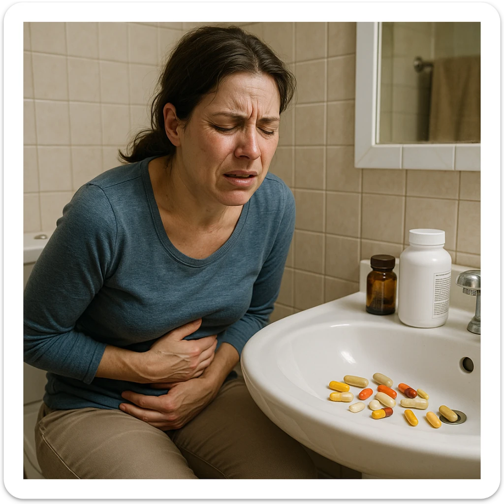 hyper realistic image of a woman in bathroom with symptoms of intestinal damage from supplements, expression of pain, supplements visible on the sink, clinical details, domestic environment sticker